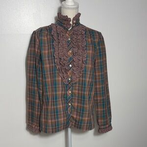 Vintage Plaid Ruffle Button-Up Blouse 12